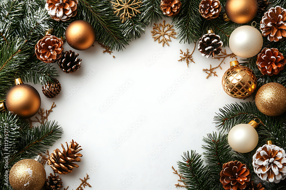 Christmas-themed flat lay with pine branches, golden ornaments, and snowflakes on a white background. Clean layout with space for text, perfect for holiday greetings Christmas-themed flat lay with pine branches, golden ornaments, and snowflakes on a white background. Clean layout with space for text, perfect for holiday greetings