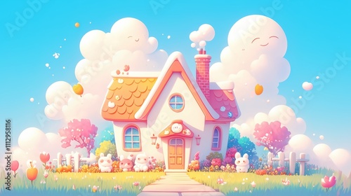 A whimsical, colorful house surrounded by cheerful clouds and flowers.