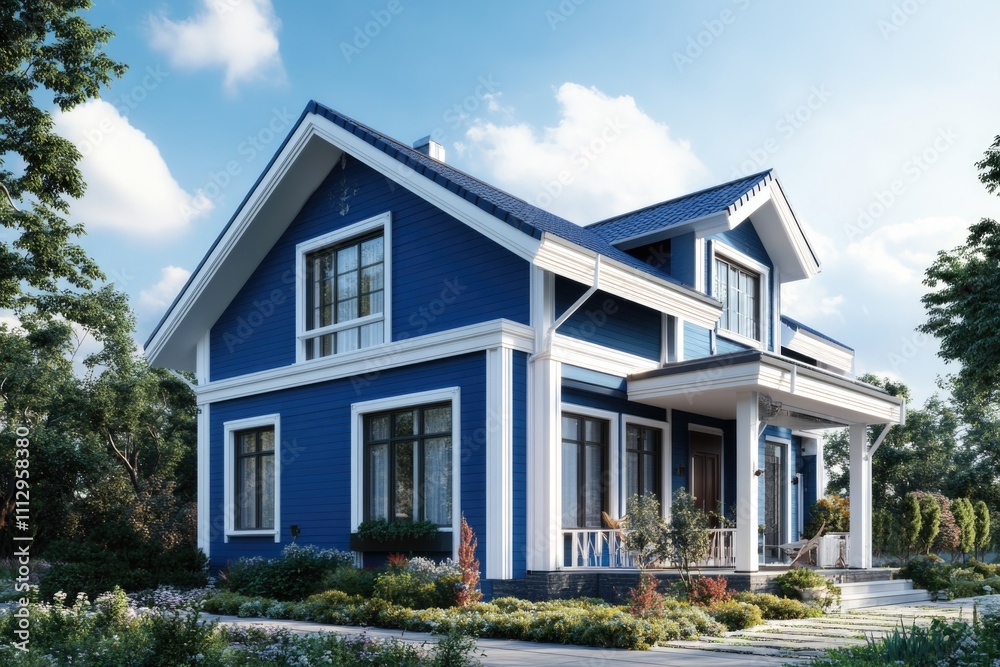 A blue house with white trim and windows, a classic home exterior A blue house with white trim and windows, a classic home exterior