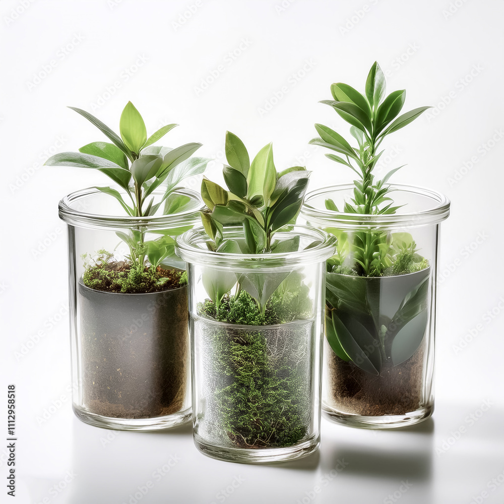 Small plants in recycled glass containers on white Small plants in recycled glass containers on white