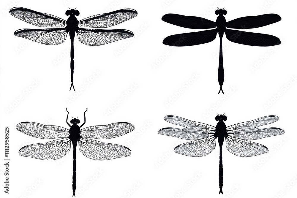 Four dragonflies on a white background, close-up view