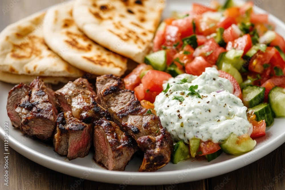 Meat, vegetables, and pita bread on a white plate Meat, vegetables, and pita bread on a white plate