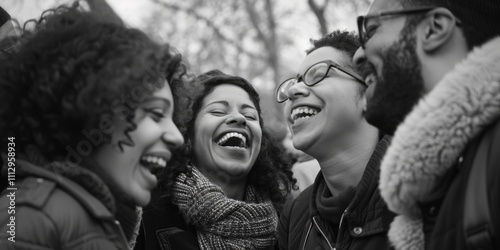 A group of people laughing together in black and white