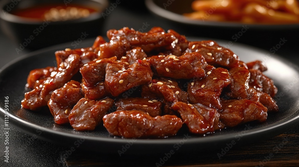 A juicy piece of meat served on a black plate, smothered in savory sauce A juicy piece of meat served on a black plate, smothered in savory sauce