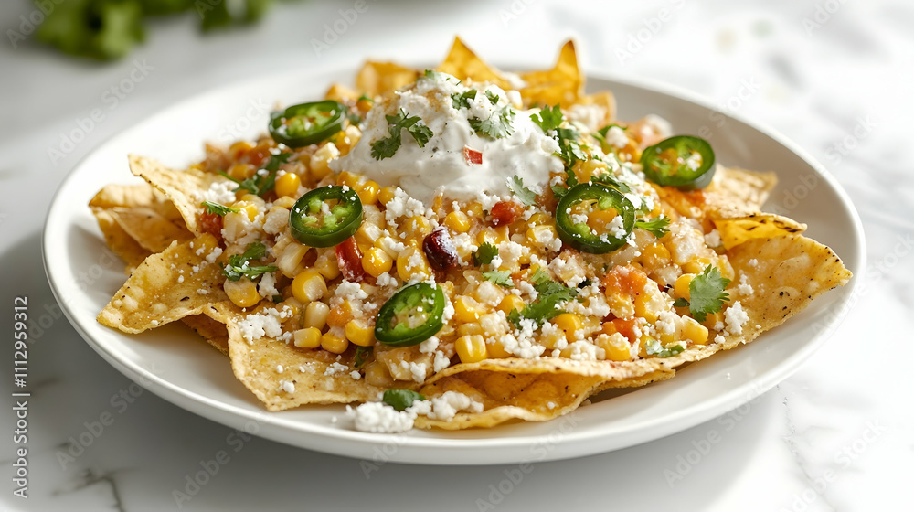 Loaded Street Corn Nachos with Cotija, Jalapeños and Lime Crema, Mexican Appetizer Photography Loaded Street Corn Nachos with Cotija, Jalapeños and Lime Crema, Mexican Appetizer Photography