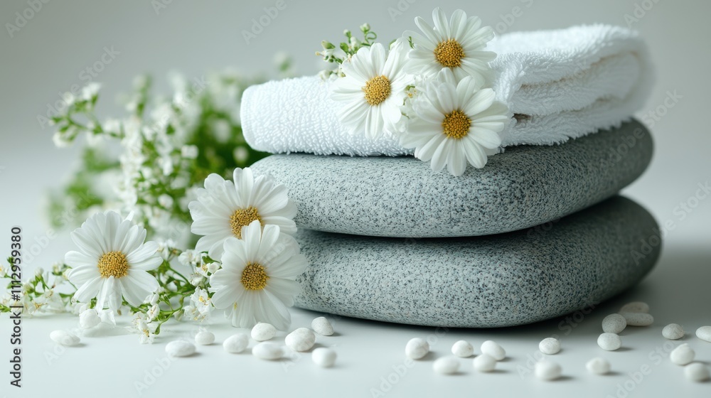 Spa stones stacked with white flower and towel, serene relaxation, peaceful spa decor, zen setting, natural beauty, minimalist design, calming vibe, wellness concept, luxury, balance Spa stones stacked with white flower and towel, serene relaxation, peaceful spa decor, zen setting, natural beauty, minimalist design, calming vibe, wellness concept, luxury, balance
