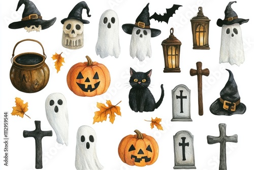 A collection of Halloween-themed items, featuring pumpkins and ghostly figures