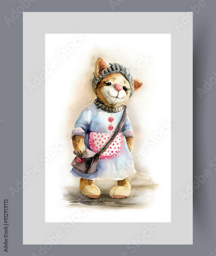 Toy plush cat for children, dressed in retro clothes on poster. Watercolor artwork. Wall art with vintage cat toy doll for boys and girls who love animals, in frame with decor for print