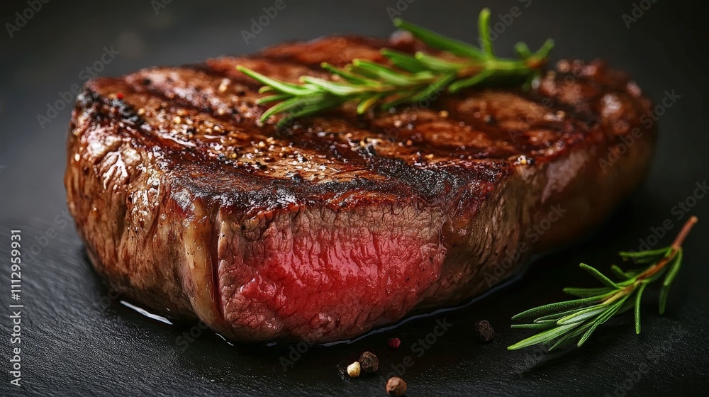 A perfectly cooked steak garnished with rosemary on a dark surface.