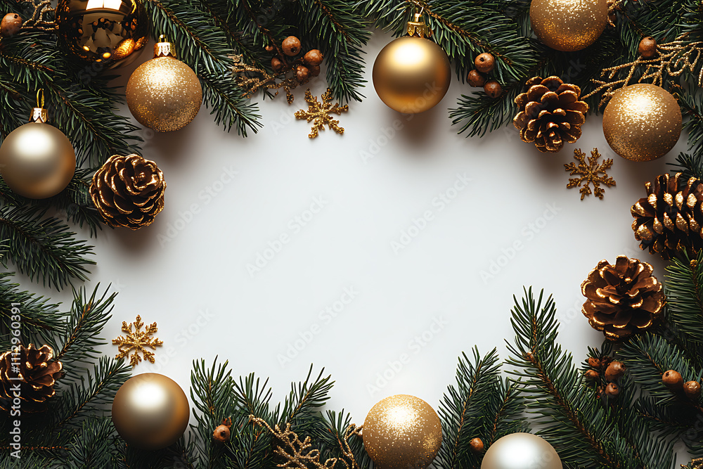Christmas-themed flat lay with pine branches, golden ornaments, and snowflakes on a white background. Clean layout with space for text, perfect for holiday greetings Christmas-themed flat lay with pine branches, golden ornaments, and snowflakes on a white background. Clean layout with space for text, perfect for holiday greetings