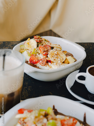 Fruitfull Greek yogurt for breakfast at a cafe in Greece photo