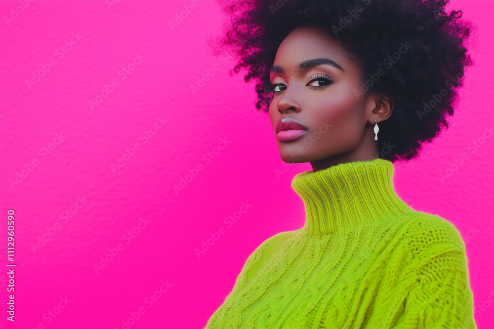 black woman with Afro wearing a bright grape green cable knit sweater on a fuchsia pink solid color background black woman with Afro wearing a bright grape green cable knit sweater on a fuchsia pink solid color background