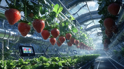 Smart farming systems cultivating strawberries in hanging pods within a futuristic greenhouse. AI-controlled robotic pickers select only the ripest fruits, displayed on holographic screens.  photo