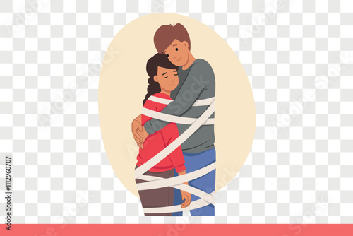 Problem of toxic relationships at man and woman tied with ropes who have become victims of marriage. Mutual dependence between bride and groom experiencing discomfort due to toxic relationship