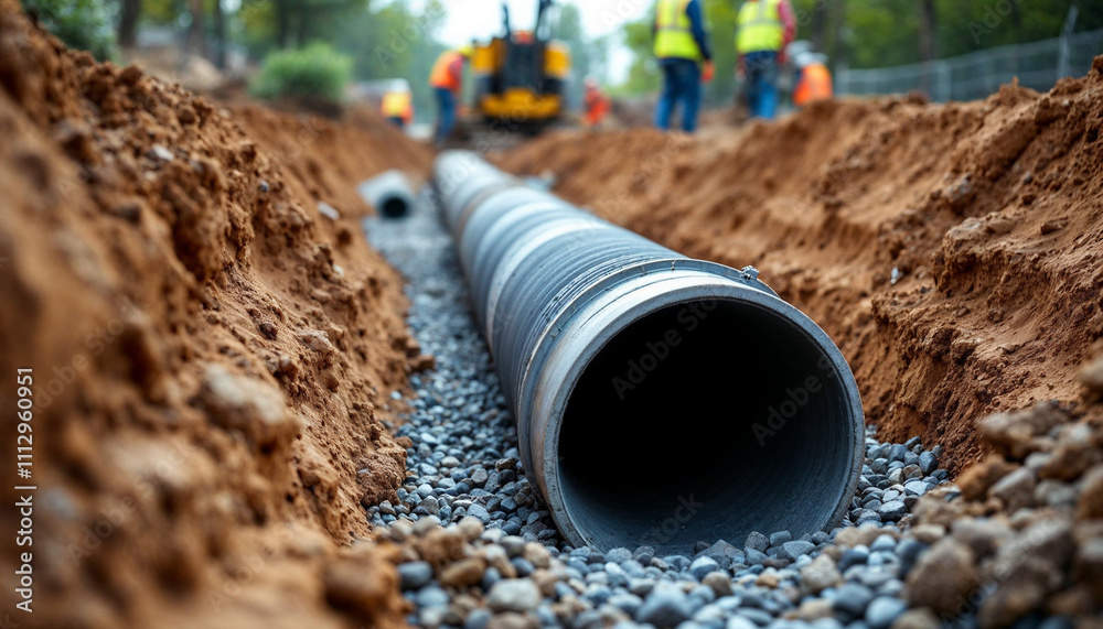 Close-up of sewer pipe installation in a neatly cut excavation trench. Close-up of sewer pipe installation in a neatly cut excavation trench.