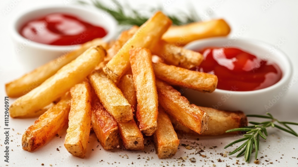 Golden crispy french fries served with ketchup on parchment paper, appetizing snack photography, delicious comfort food, fried potatoes, savory side dish Golden crispy french fries served with ketchup on parchment paper, appetizing snack photography, delicious comfort food, fried potatoes, savory side dish