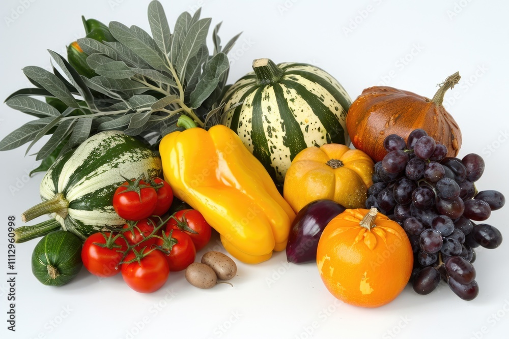 A selection of fresh fruits and vegetables arranged on a white surface A selection of fresh fruits and vegetables arranged on a white surface