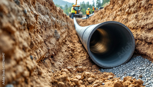 Wallpaper Mural Close-up of sewer pipe installation in a neatly cut excavation trench. Torontodigital.ca