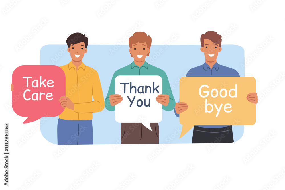Kind men show gratitude and say goodbye, holding speech bubbles with positive inscriptions. Positive guys with dialogue clouds with good-natured comments and thanks for cooperation for cooperation