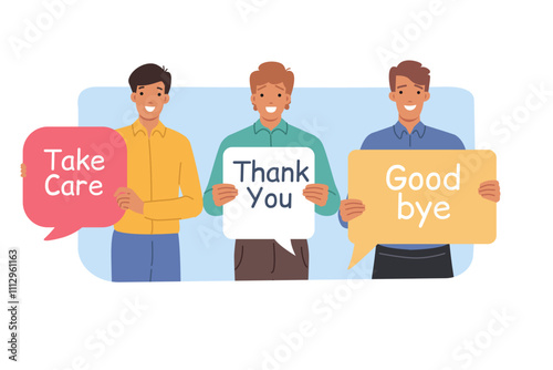 Obraz na płótnie Kind men show gratitude and say goodbye, holding speech bubbles with positive inscriptions. Positive guys with dialogue clouds with good-natured comments and thanks for cooperation for cooperation w salonie
