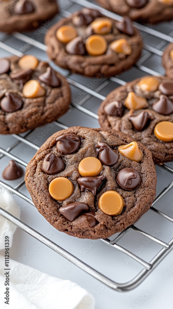 Decadent chocolate cookies feature a caramel drizzle and chocolate chips, beautifully arranged on a wire rack for display Decadent chocolate cookies feature a caramel drizzle and chocolate chips, beautifully arranged on a wire rack for display