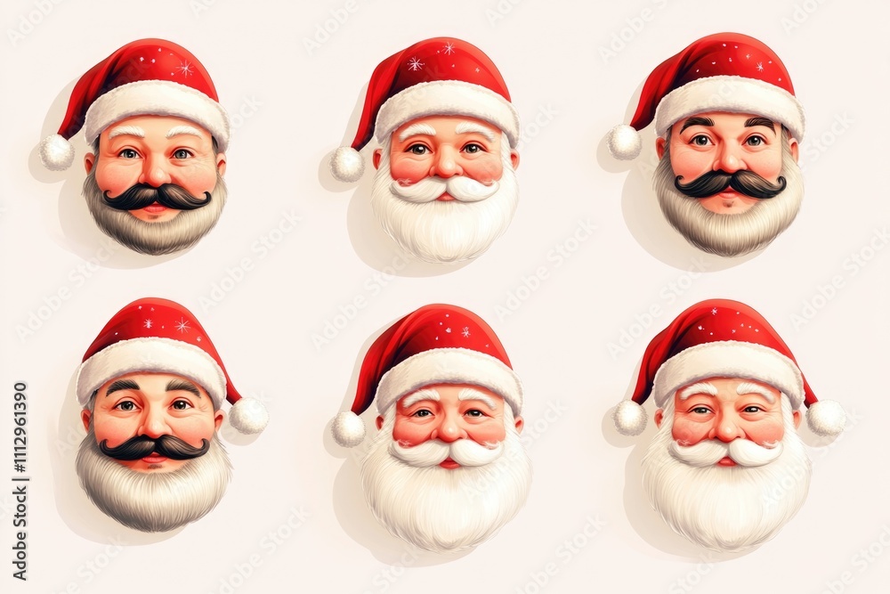 Six Santa heads with beards and mustaches Six Santa heads with beards and mustaches