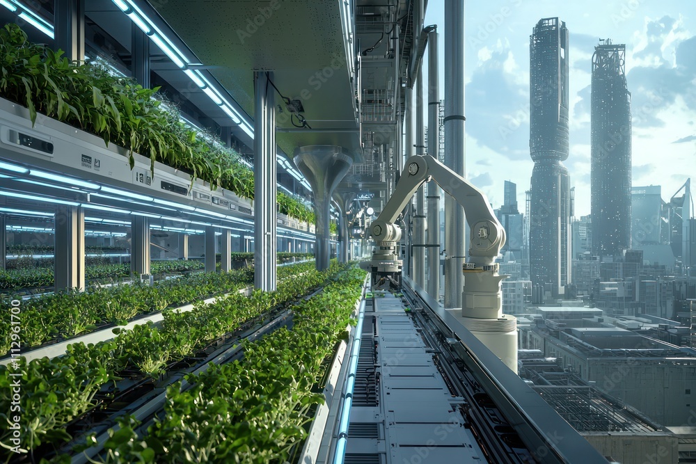 Obraz premium Vertical farming in a skyscraper with multiple levels growing leafy greens under soft blue LED lights. 