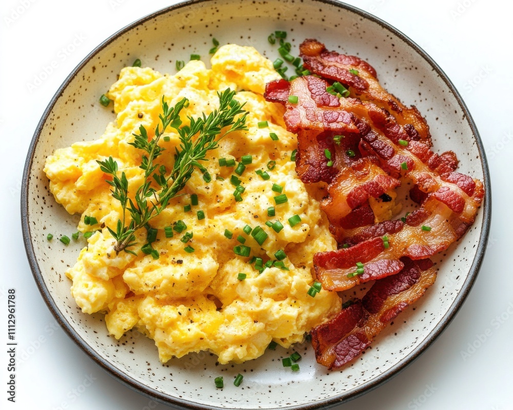 Scrambled eggs with crispy bacon and fresh herbs served on a plate, hearty breakfast, protein-rich meal, classic brunch dish, homemade comfort food Scrambled eggs with crispy bacon and fresh herbs served on a plate, hearty breakfast, protein-rich meal, classic brunch dish, homemade comfort food