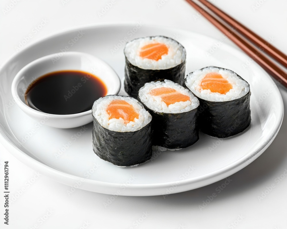 Fresh salmon sushi rolls with rice and seaweed, served with soy sauce and chopsticks on a white plate, Japanese cuisine Fresh salmon sushi rolls with rice and seaweed, served with soy sauce and chopsticks on a white plate, Japanese cuisine
