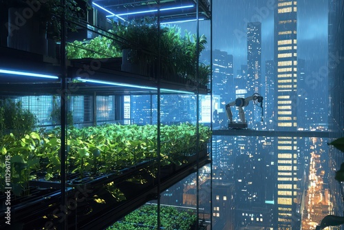 Vertical farming in a skyscraper with multiple levels growing leafy greens under soft blue LED lights. 