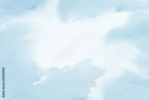 Watercolor light background with natural paper texture. Abstract watercolur blue pattern with blue splashes. Aquarelle painting with white copy space for banner design, greeting card in trendy style.