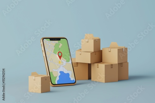 Smartphone displays location map with pin. Several cardboard boxes around. Online order tracking concept. Delivery service illustration. Shipment location tracking. Modern tech solution. Easy photo