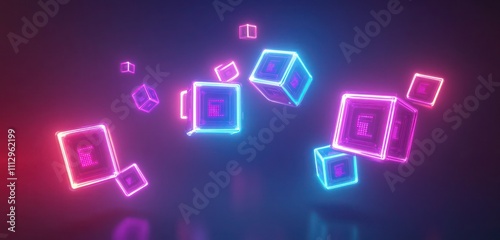 3D neon network of cubes and squares symbolizing data storage, floating over a dark gradient background.