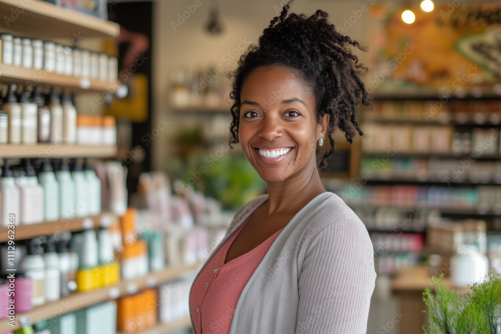 A confident and cheerful woman stands in a well-lit, tidy store, surrounded by shelves stocked with neatly organized products, radiating an entrepreneurial and inviting energy. A confident and cheerful woman stands in a well-lit, tidy store, surrounded by shelves stocked with neatly organized products, radiating an entrepreneurial and inviting energy.