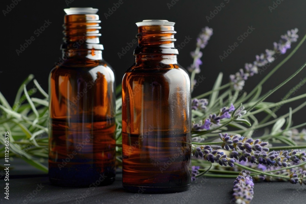 Two bottles of essential oils placed next to a bundle of fresh lavender flowers Two bottles of essential oils placed next to a bundle of fresh lavender flowers