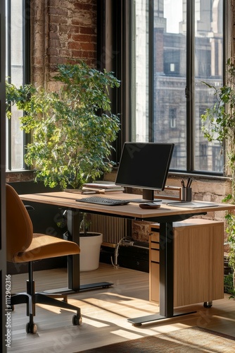 Sunlit office: wood desk, computer, chair, plants.