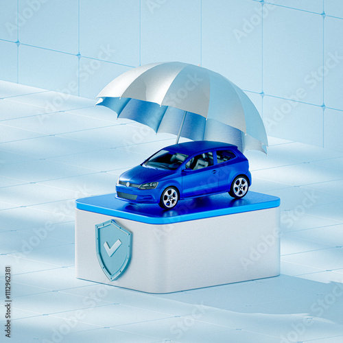 A 3D-rendered blue car under a protective umbrella on a platform with a shield and checkmark icon, symbolizing auto insurance, financial protection, and vehicle safety