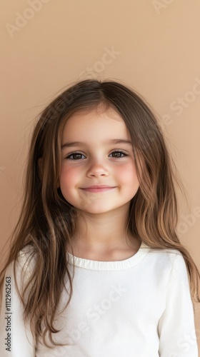 An image of a young child with long brown hair wearing a white shirt, standing against a soft beige background with a calm expression.