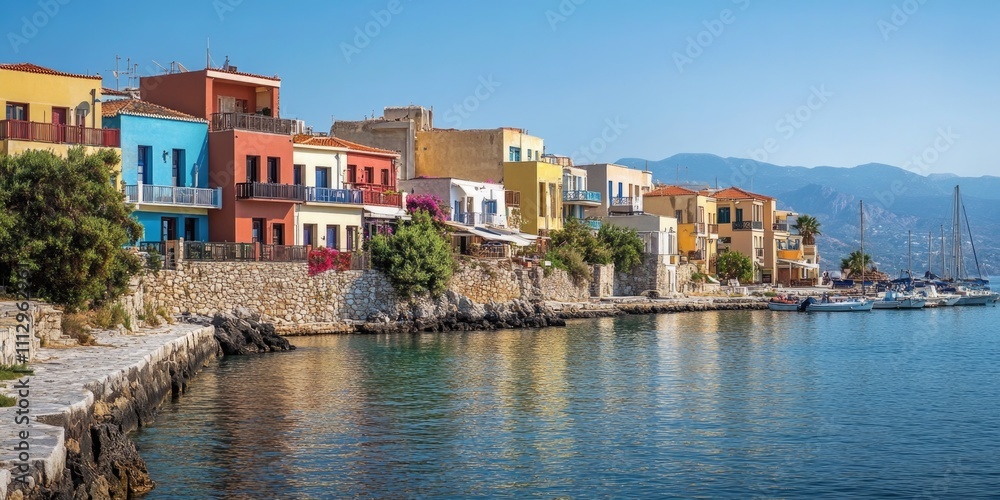 Picture of vibrant buildings alongside a lake or sea Picture of vibrant buildings alongside a lake or sea