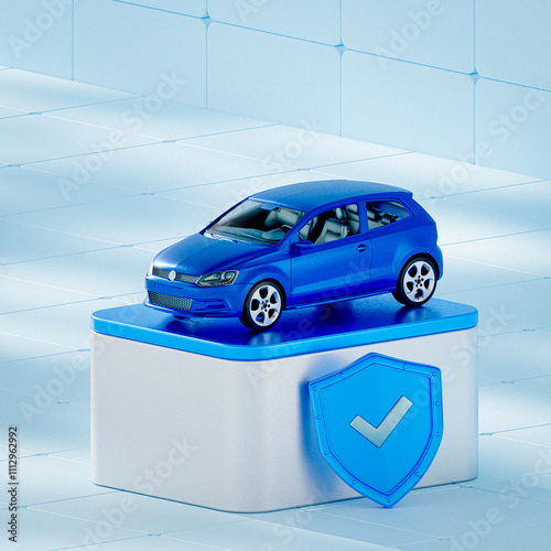 A 3D-rendered blue car on a platform with a shield and checkmark icon, symbolizing car insurance, vehicle protection, and financial security