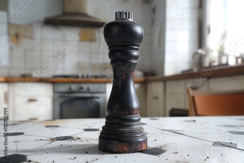 A detailed shot of a pepper mill on a table, ideal for kitchen or cooking themed content photo