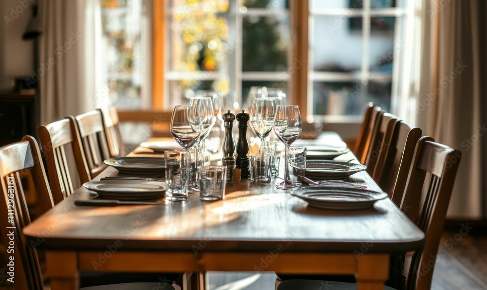 Wooden table, set for meal, sunny window.
