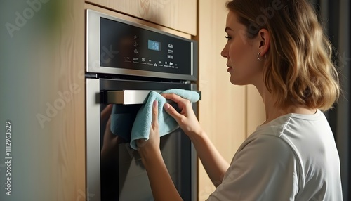 Mujer limpiando horno microondas moderno con paño de microfibra