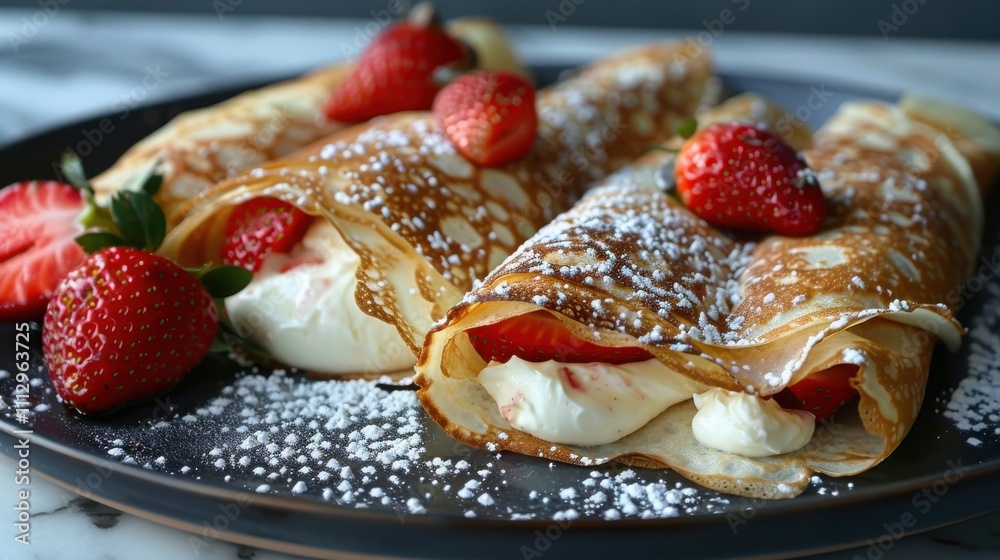 Artful crepes brimming with whipped ricotta, served with ripe strawberries on a luxurious marble countertop Artful crepes brimming with whipped ricotta, served with ripe strawberries on a luxurious marble countertop