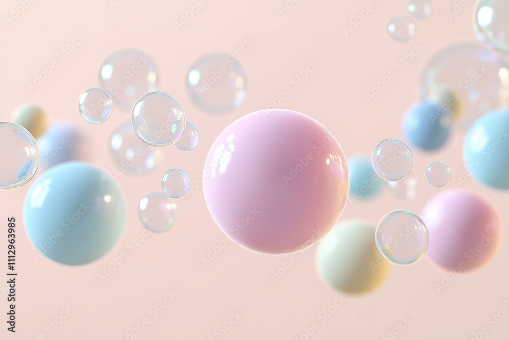 Pastel balls, soap bubbles float on pastel background. Soft colours create cheerful abstract scene. 3D rendering shows spheres, bubbles in motion. Image evokes sense of light, fun. Image perfect for Pastel balls, soap bubbles float on pastel background. Soft colours create cheerful abstract scene. 3D rendering shows spheres, bubbles in motion. Image evokes sense of light, fun. Image perfect for