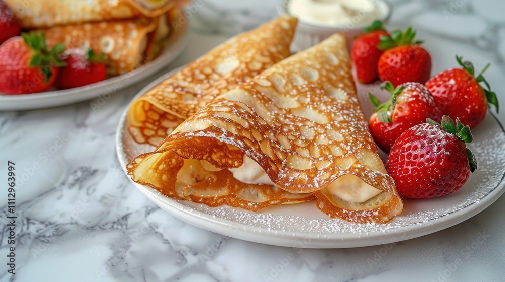 Artful crepes brimming with whipped ricotta, served with ripe strawberries on a luxurious marble countertop Artful crepes brimming with whipped ricotta, served with ripe strawberries on a luxurious marble countertop