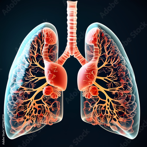 Detailed image of human lungs, highlighting alveoli, bronchi, and respiratory processes