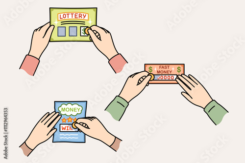 Lottery tickets in hands of gambling people who erase protective layer to find out winning amount. Players play lottery in hopes of getting lucky and winning jackpot or big cash prize.