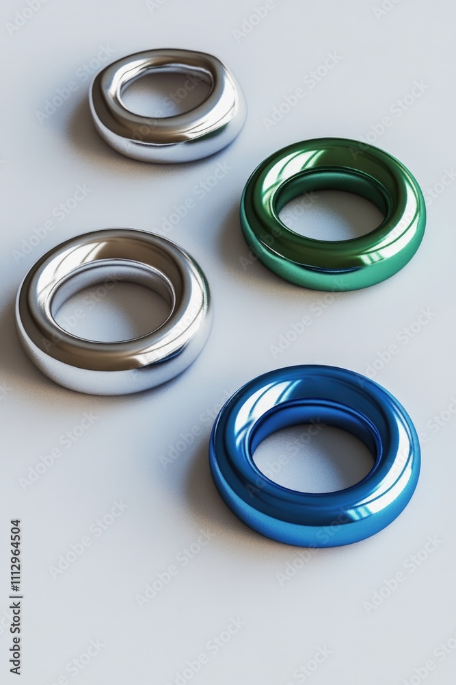 A group of four rings sits on top of a table, great for jewelry display or decoration A group of four rings sits on top of a table, great for jewelry display or decoration