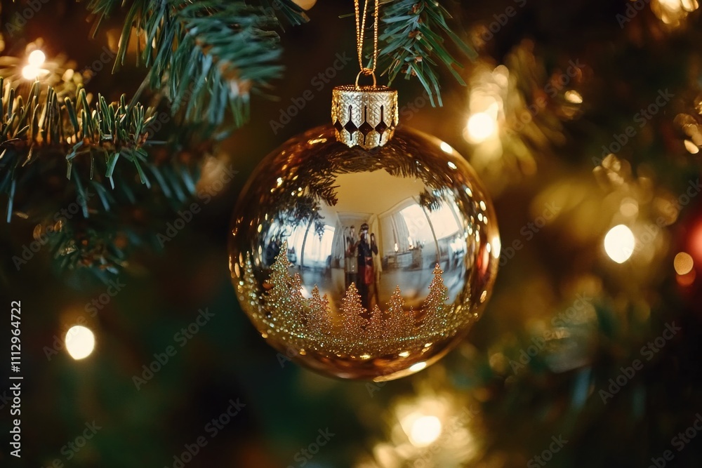 A Christmas tree ornament hangs from the branches of a decorated evergreen